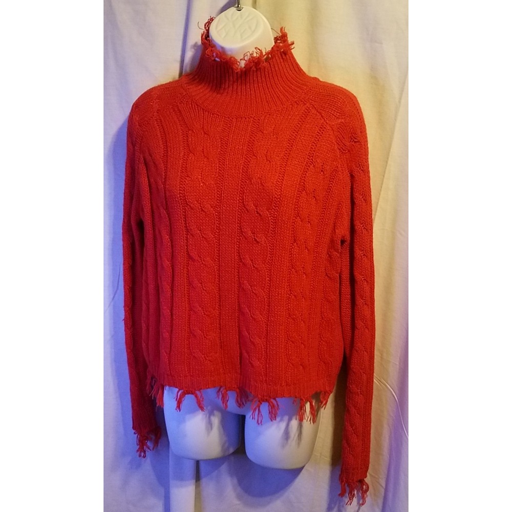 Poof Apparel Women's Sweater Red Turtleneck With Fringe, Sz M Cable Knit‎